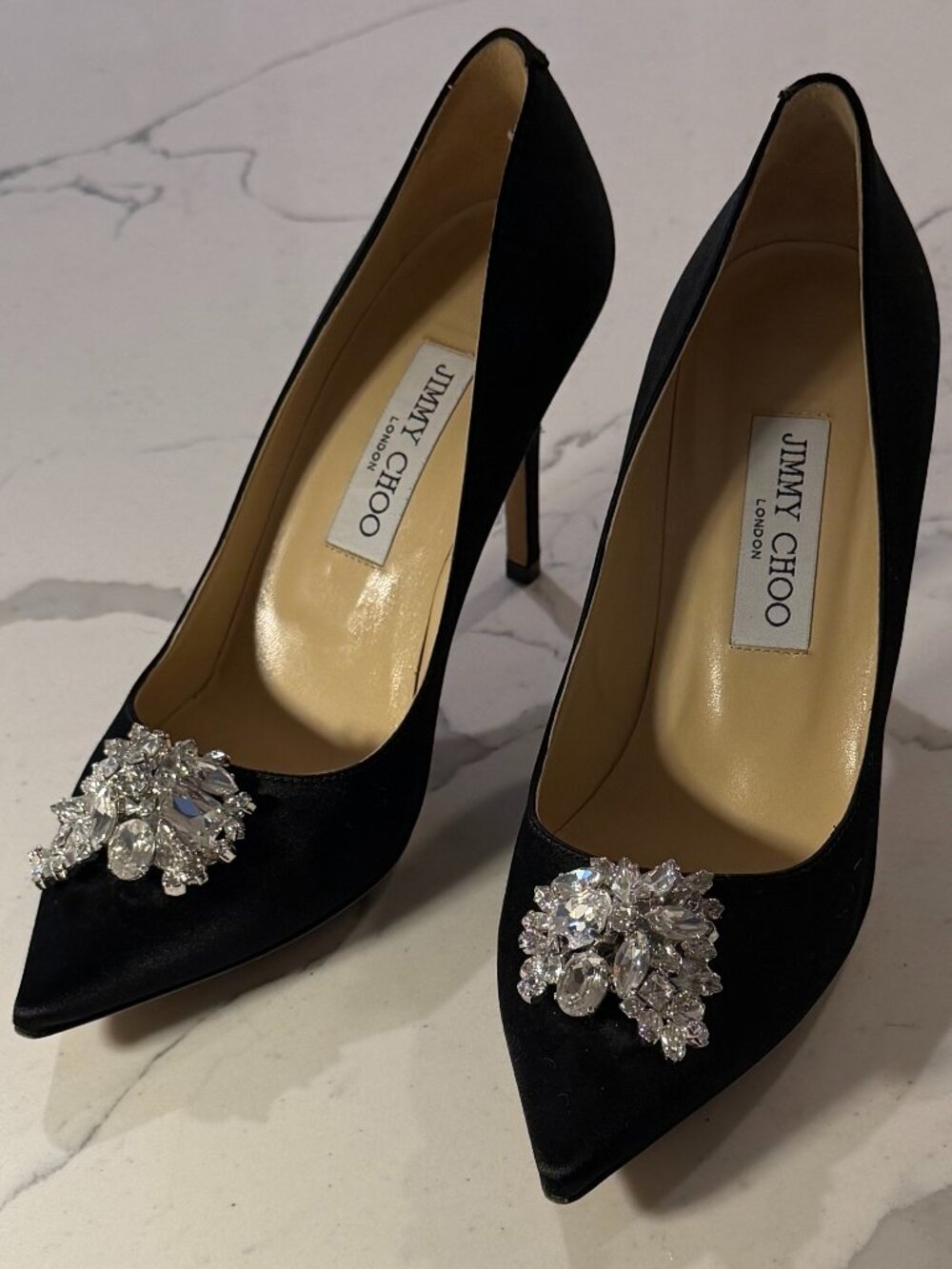 Jimmy Choo Romy Black Satin Crystal Jewel Brooch Pumps - IT 38 - Picture 5 of 6